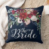 ブルゴーニュ&ブルーフラワーブーケ花嫁タイポグラフィ クッション (ブランケット)