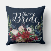 ブルゴーニュ&ブルーフラワーブーケ花嫁タイポグラフィ クッション (裏面)