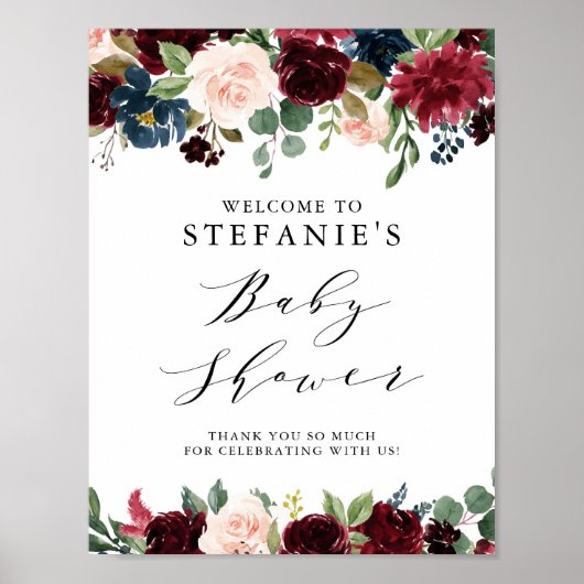 ブルゴーニュ&ブルーフローラガーランドベビーシャワーウェルカム ポスター (正面)