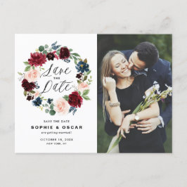 ブルゴーニュ&ブルーフローラリース写真Save the Date 案内ポストカード