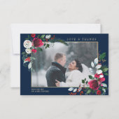 ブルゴーニュ・ブルー結婚フローラの写真サンキューカード 招待状 (正面)