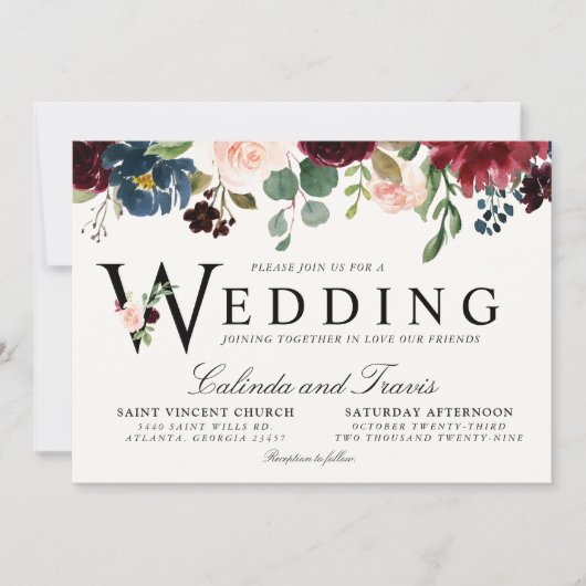 ブルゴーニュ・ブーケ | フローラ | 結婚タイポグラフィ 招待状 (正面)