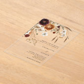 ブルゴーニュ・ベージュ・パンパ澄んス花模様結婚ズ アクリル招待状 (レイダウン)