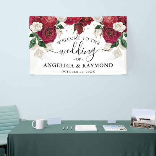 ブルゴーニュ&ホワイトフローラエレガントなウェディングウェルカム 横断幕