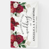 ブルゴーニュ&ホワイトフローラエレガントなウェディングウェルカム 横断幕 (縦)