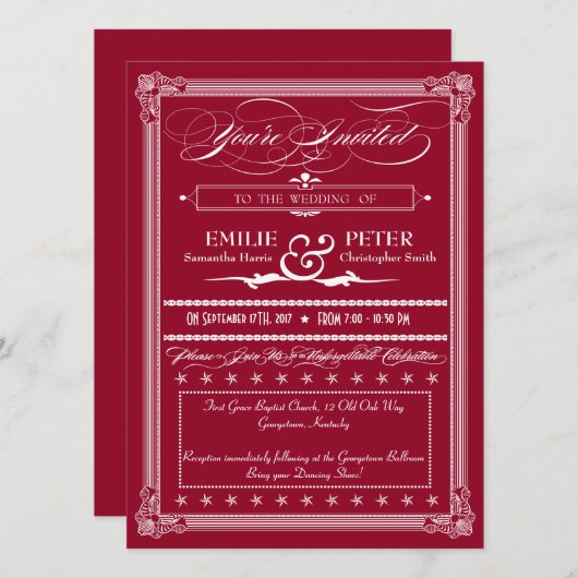 ブルゴーニュ&ホワイトポスタースタイル結婚式招待状 招待状 (正面/裏面)