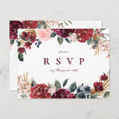 ブルゴーニュ・ボホフローラ素朴な結婚式RSVP インビテーションポストカード (正面/裏面)