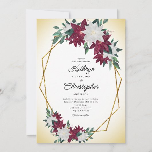 ブルゴーニュ・ポインセチア金ゴールドフレーム結婚クリスマス 招待状 (正面)