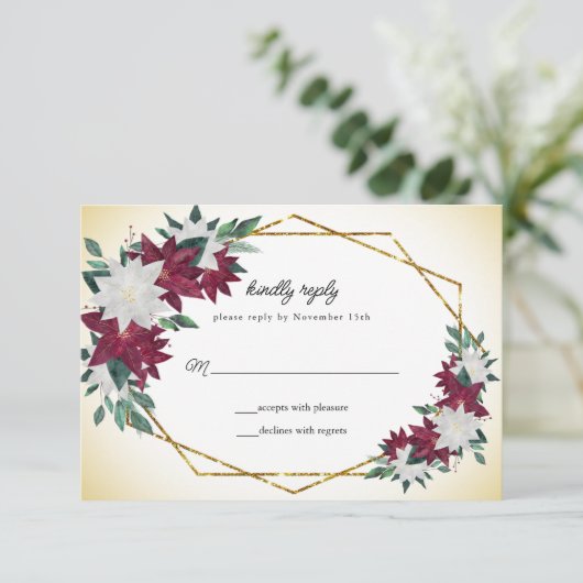 ブルゴーニュ・ポインセティアス金ゴールドフレーム結婚・クリスマス 出欠カード (スタンド正面)