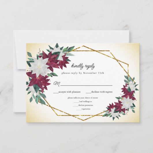 ブルゴーニュ・ポインセティアス金ゴールドフレーム結婚・クリスマス 出欠カード (正面)
