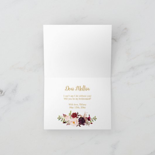 ブルゴーニュ・マルサラが私のメイド・オブ・オーナー(花嫁付き添い人)カードになる 招待状 (内部)