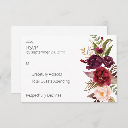 ブルゴーニュ・マルサラとピンクのフローラの食事 – ピンク 出欠カード (正面/裏面)