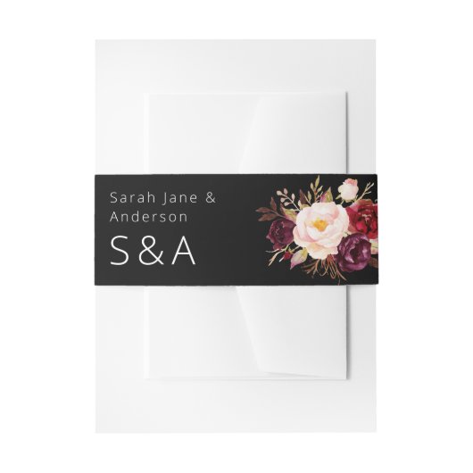 ブルゴーニュ・マルサラとピンクフローラ – ブラック 招待状ベリーバンド (正面例)