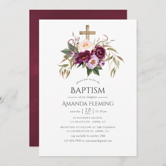 ブルゴーニュ/マルサラとピーチバプテスマまたは《キリスト教》洗礼式や命名式 招待状 (正面/裏面)