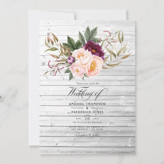 ブルゴーニュ – マルサラとピーチ素朴フローラ結婚ズ 招待状 (正面)