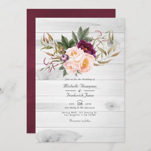 ブルゴーニュ – マルサラとピーチ素朴フローラ結婚ズ 招待状 (正面/裏面)