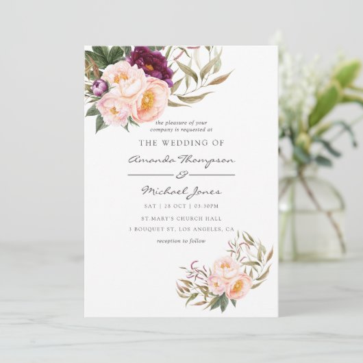 ブルゴーニュ – マルサラと桃のフローラ結婚式の招待 招待状 (スタンド正面)