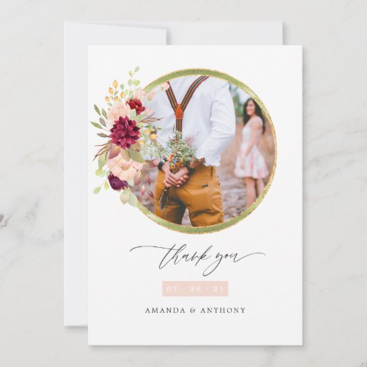ブルゴーニュ・マルサラと赤面結婚の写真コラージュ サンキューカード (正面)