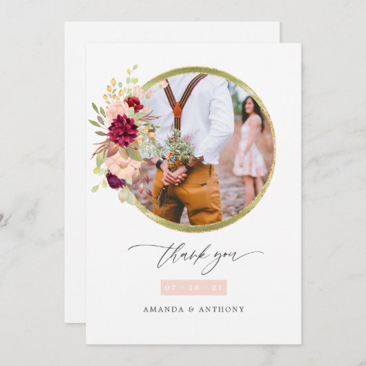 ブルゴーニュ・マルサラと赤面結婚の写真コラージュ サンキューカード (正面/裏面)