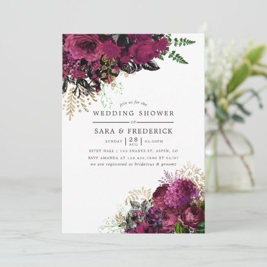 ブルゴーニュ – マルサラと金ゴールドフローラウェディングシャワー 招待状 (スタンド正面)