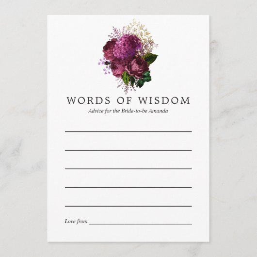 ブルゴーニュ – マルサラと金ゴールドブライダルシャワーアドバイス アドバイスカード (正面)