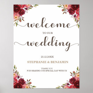 ブルゴーニュ・マルサラ・レッドフローラ結婚ウェルカム徴候 ポスター