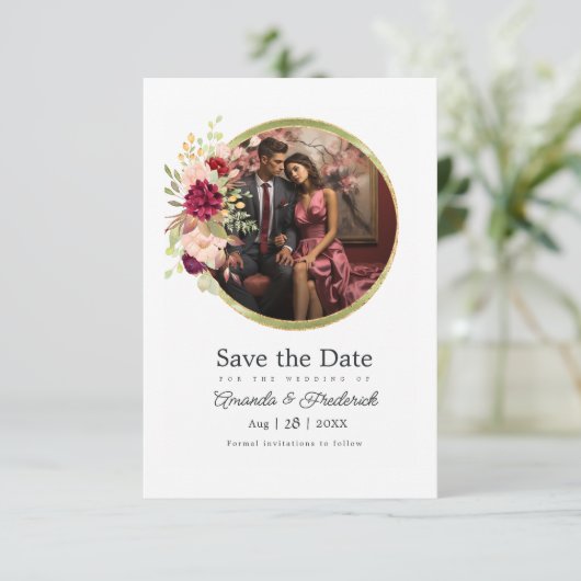 ブルゴーニュ・マルサラ、赤面、金ゴールドフローラ幾何学模様 セーブザデート (スタンド正面)