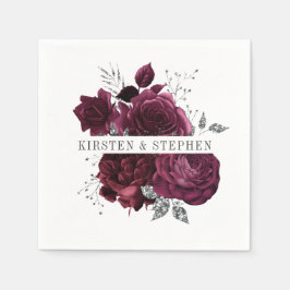 ブルゴーニュ・マルーンとシルバー結婚フローラのカクテル スタンダードカクテルナプキン