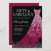 ブルゴーニュ・マルーンのスパークルドレス50th誕生日パーティー 招待状 (正面/裏面)
