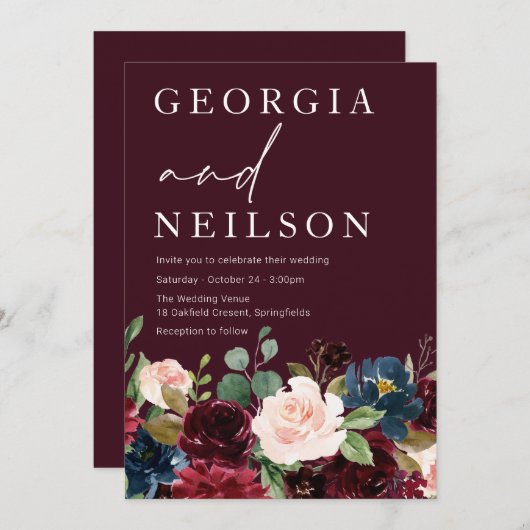 ブルゴーニュ、マルーン植物学秋または春の結婚式 招待状 (正面/裏面)