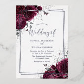 ブルゴーニュ・マルーン&シルバー結婚フローラ 箔招待状 (正面)