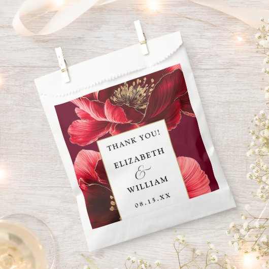 ブルゴーニュ・レッドと金ゴールドフローラ結婚の皆様に感謝 フェイバーバッグ (クリップ留めされた状態)