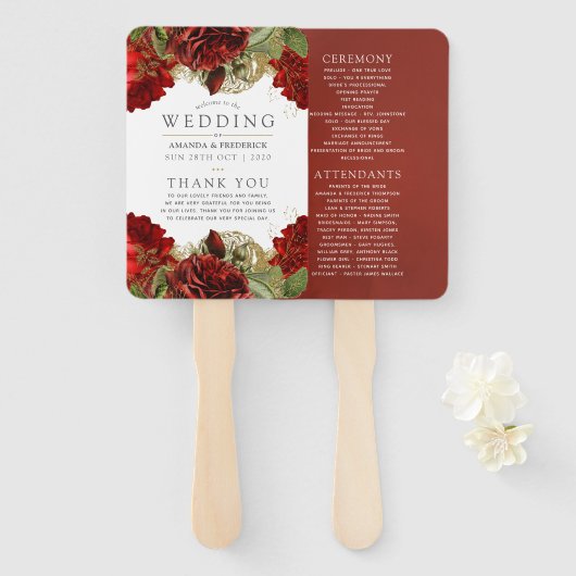 ブルゴーニュ・レッドと金ゴールド・ヴィンテージ結婚式プログラム ハンドファン (正面&裏面)