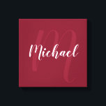 ブルゴーニュ・レッドパーソナライズされた・モノグラムと名前 キャンバスプリント<br><div class="desc">モノグラムパーソナライズされたとファミリー名のギフト白いスクリプトのフォントスタイルで名前を付けモダン、軽いバーガンディ赤のスクリプトのフォントスタイルでモノグラムをバモダンーガンディ赤の背景の背景として。</div>