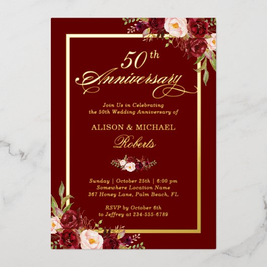 ブルゴーニュ・レッドフローラ結婚50周年記念金ゴールド 箔招待状 (正面)