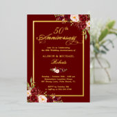 ブルゴーニュ・レッドフローラ結婚50周年記念金ゴールド 箔招待状 (立ち正面)
