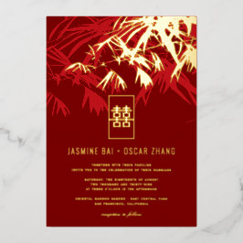 ブルゴーニュ&レッド禅葉竹中国の結婚の 箔招待状