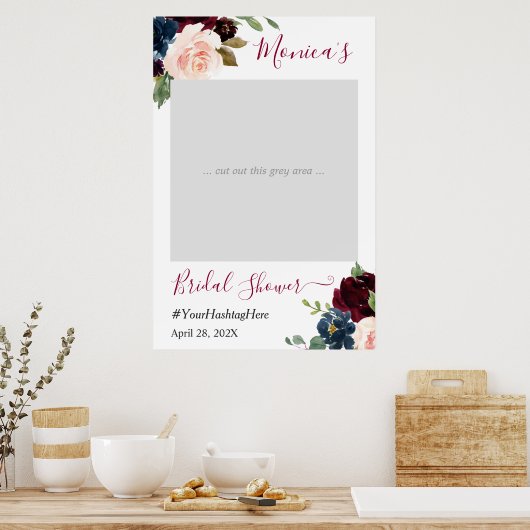ブルゴーニュ・レッド・ネイビーフローラブライダルシャワーフォトブース ポスター (キッチン)