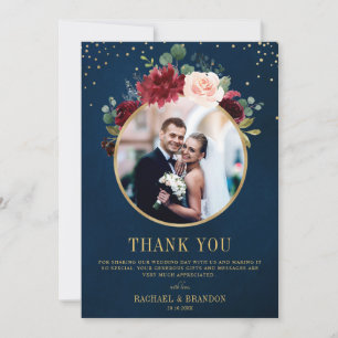 ブルゴーニュ・レッド・ネイビーフローラボホ結婚の写真 サンキューカード