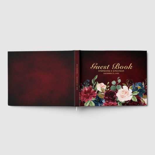 ブルゴーニュ・レッド・ネイビー素朴フローラの結婚ゲストブック ゲストブック (全面)
