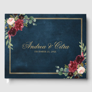 ブルゴーニュ・レッド・ネイビー素朴フローラの結婚ゲストブック ゲストブック