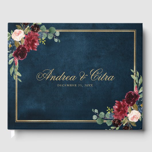 ブルゴーニュ・レッド・ネイビー素朴フローラの結婚ゲストブック ゲストブック (正面)