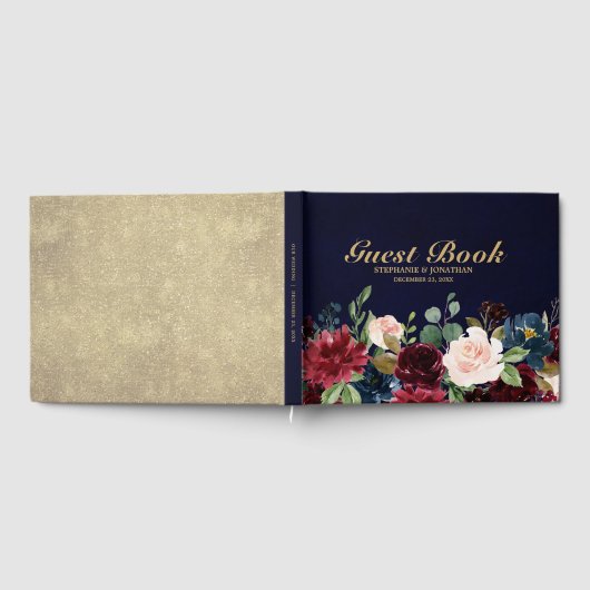 ブルゴーニュ・レッド・ネイビー素朴フローラの結婚ゲストブック ゲストブック (全面)