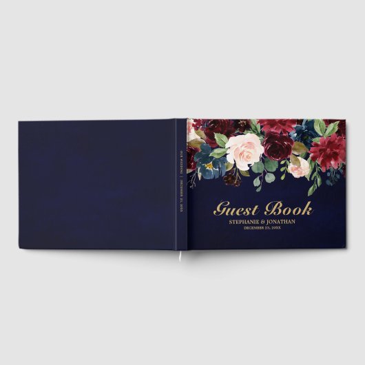 ブルゴーニュ・レッド・ネイビー素朴フローラの結婚ゲストブック ゲストブック (全面)