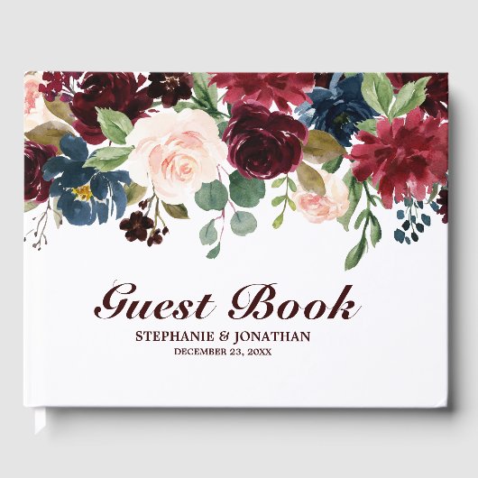 ブルゴーニュ・レッド・ネイビー素朴フローラの結婚ゲストブック ゲストブック (正面)