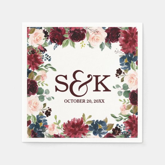 ブルゴーニュ・レッド・ネイビー素朴フローラボ結婚ーホ スタンダードカクテルナプキン (正面)