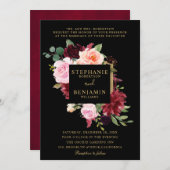 ブルゴーニュ・レッド・ネイビー素朴フローラボ結婚ーホ 招待状 (正面/裏面)