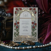 ブルゴーニュ・レッド・ネイビー・ブルー結婚金ゴールドズアールヌーボー 箔招待状