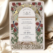 ブルゴーニュ・レッド・ネイビー・ブルー結婚金ゴールドズアールヌーボー 箔招待状