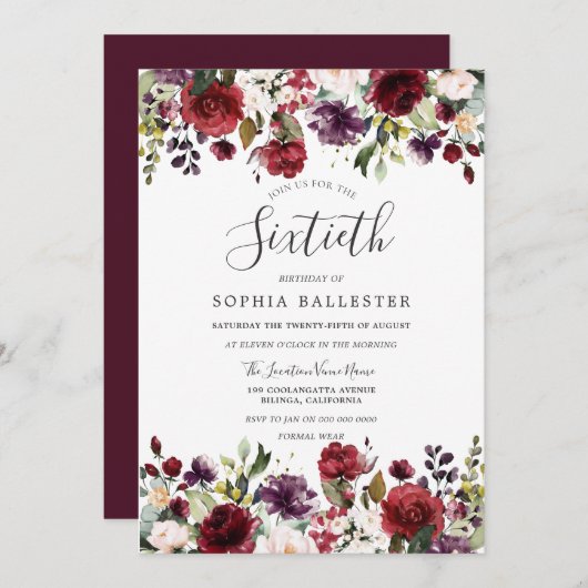 ブルゴーニュ・レッド・ボホ第60回誕生日パーティー 招待状 (正面/裏面)